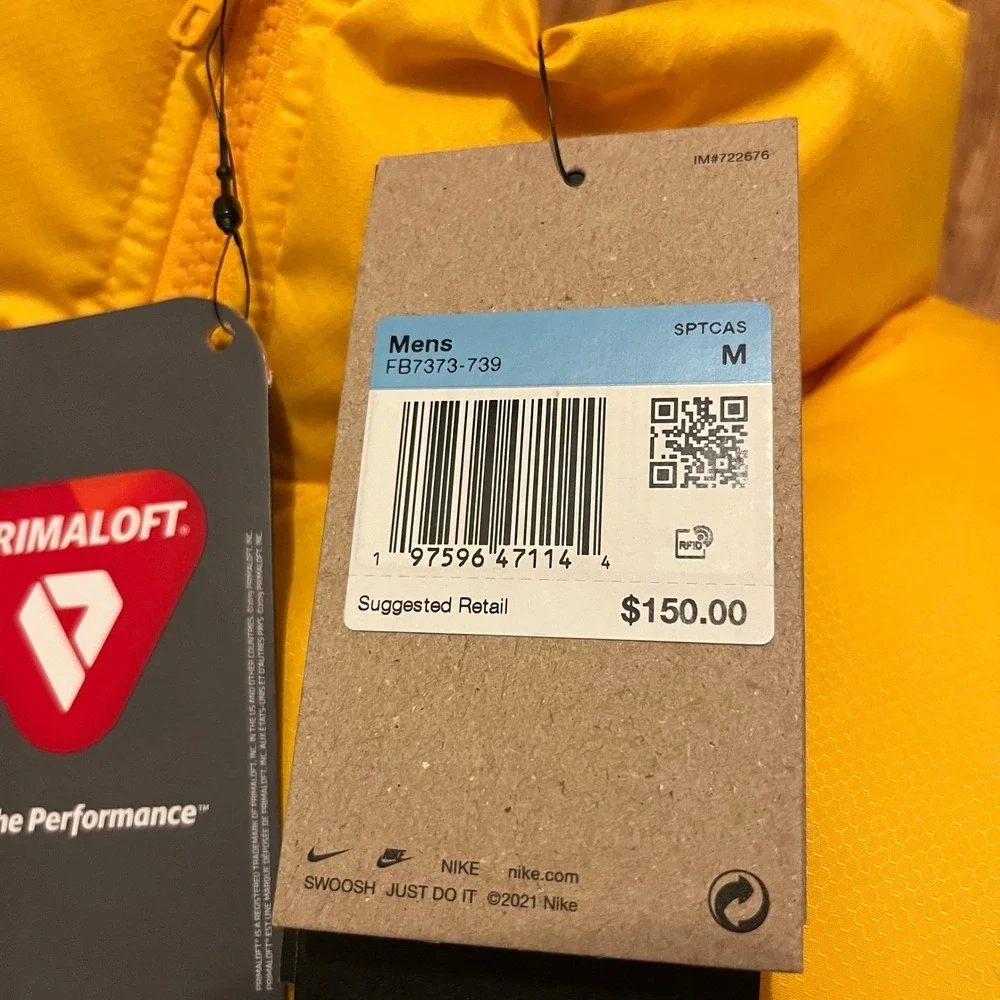Nike Puffer Vest‎ Men Medium Yellow Primaloft Full Zip Sleeveless Jacket